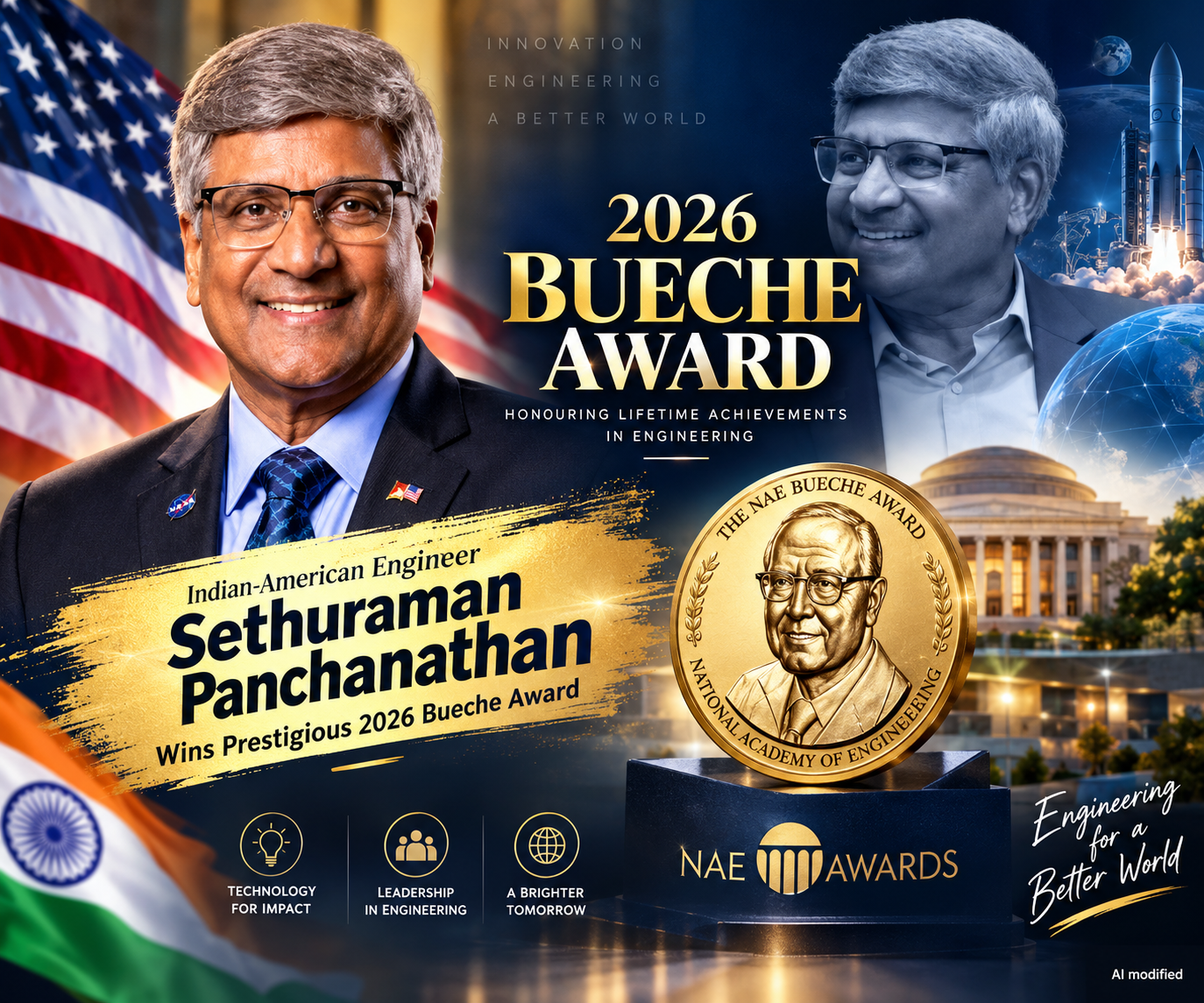 Sethuraman Panchanathan receiving the prestigious 2026 Bueche Award for his achievements and leadership in engineering and innovation.