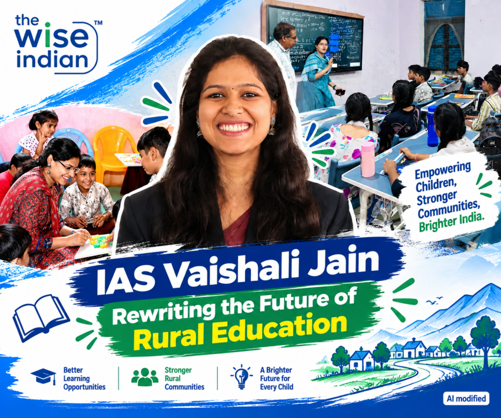 IAS Vaishali Jain featured in a rural education awareness graphic, surrounded by photographs of classroom teaching and interactive learning activities with children.