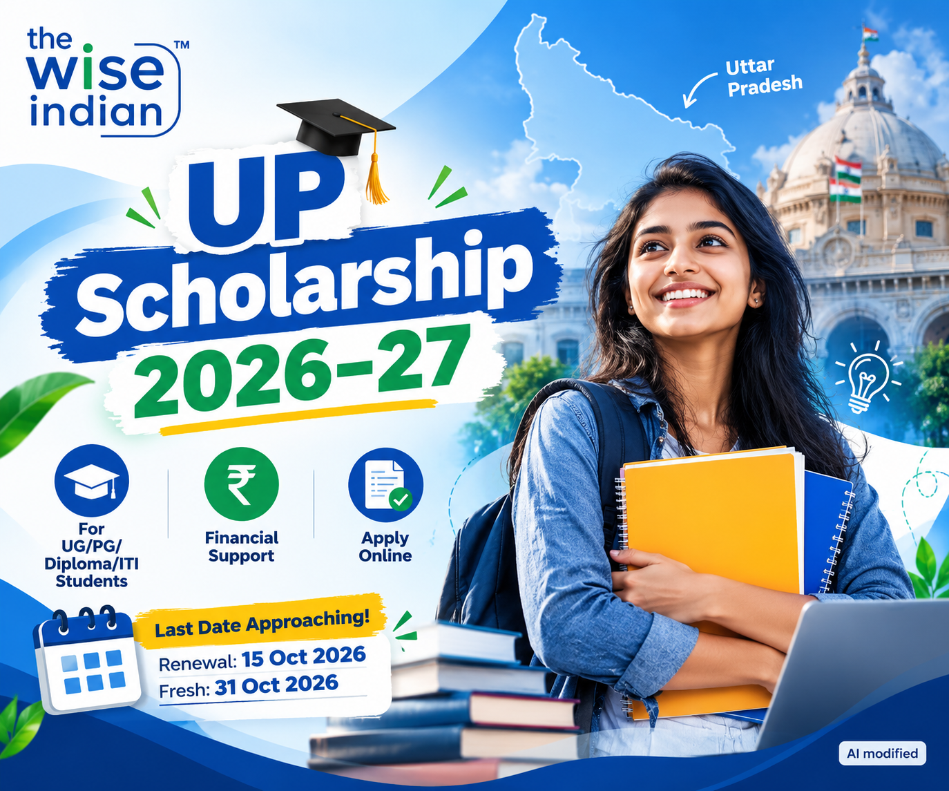 Yes — for the UP Scholarship 2026–27 image, you can fill the WordPress fields like this: Alt Text: UP Scholarship 2026-27 for UG, PG, diploma and ITI students in Uttar Pradesh, with application deadlines in October 2026.