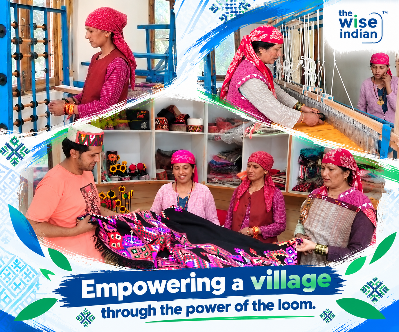Sharan handloom village artisans working on traditional looms and displaying colourful handwoven textiles in Himachal Pradesh.